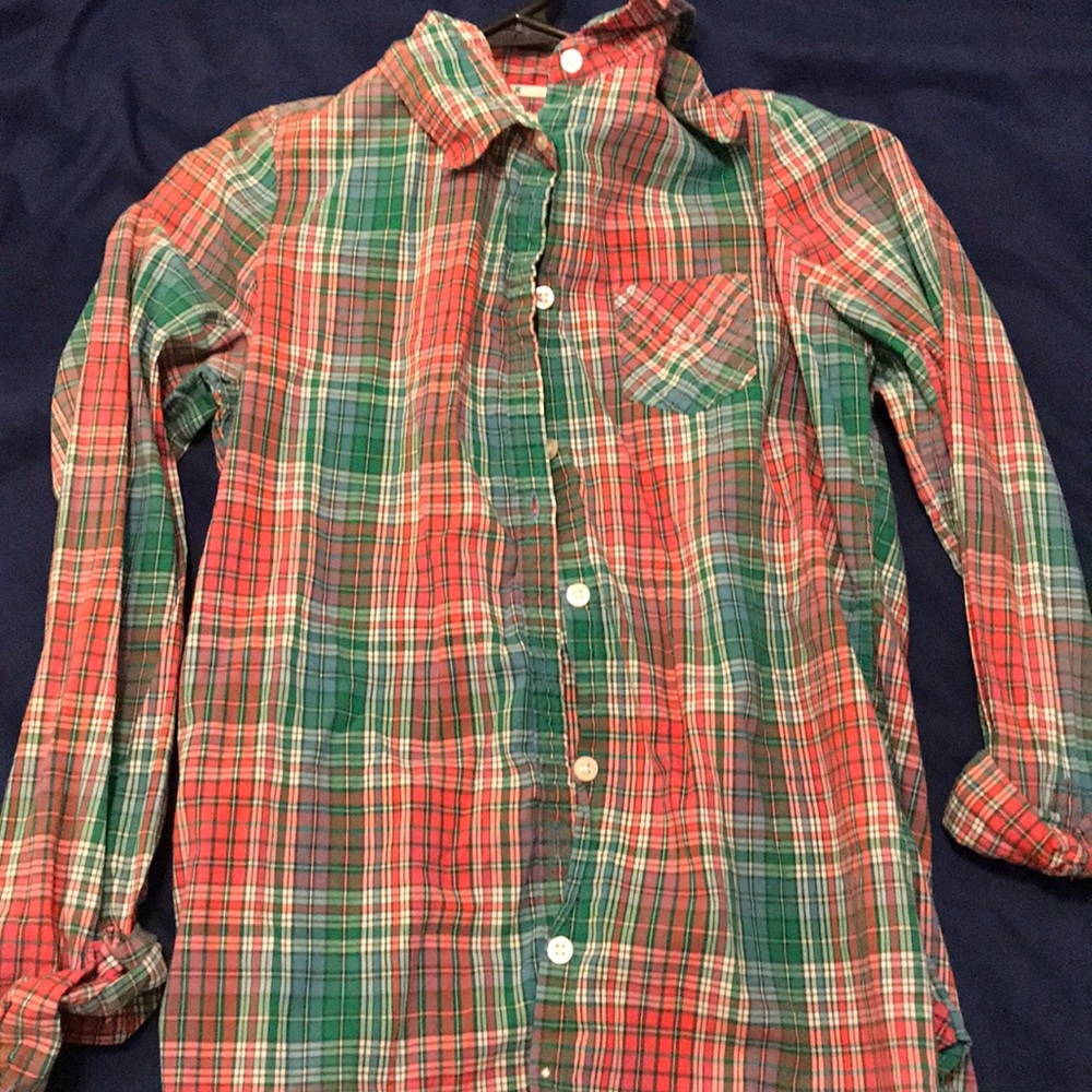 Coral and green plaid shirt